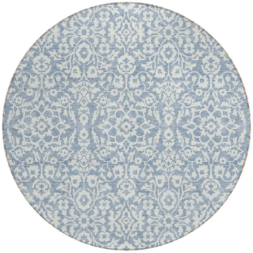 8' Denim Blue And Ivory Round Damask Washable Indoor Outdoor Area Rug Photo 5