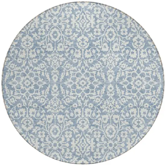 8' Denim Blue And Ivory Round Damask Washable Indoor Outdoor Area Rug Photo 5