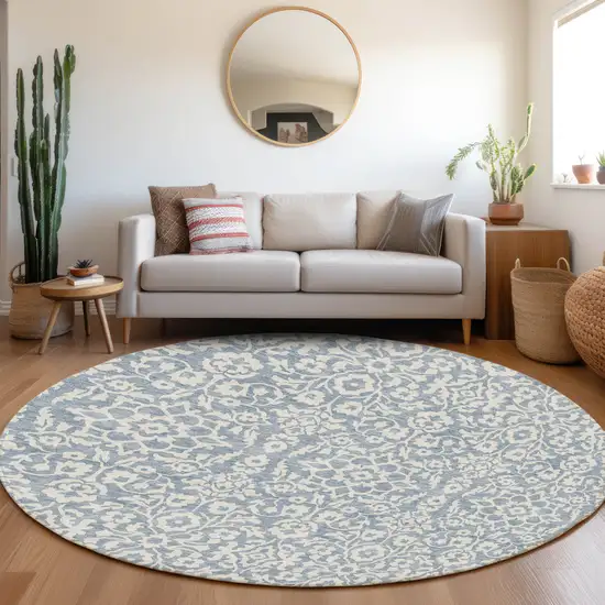 8' Denim Blue And Ivory Round Damask Washable Indoor Outdoor Area Rug Photo 7