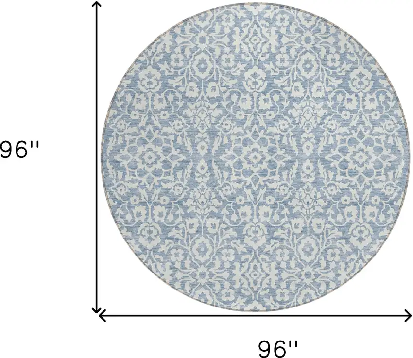 8' Denim Blue And Ivory Round Damask Washable Indoor Outdoor Area Rug Photo 3