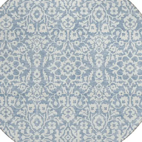 8' Denim Blue And Ivory Round Damask Washable Indoor Outdoor Area Rug Photo 4