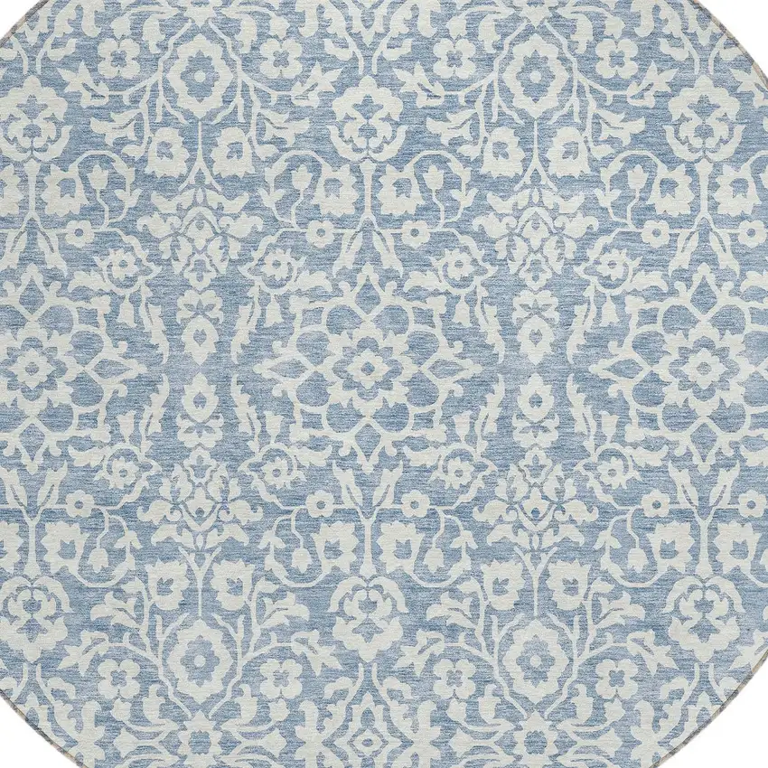 8' Denim Blue And Ivory Round Damask Washable Indoor Outdoor Area Rug Photo 4