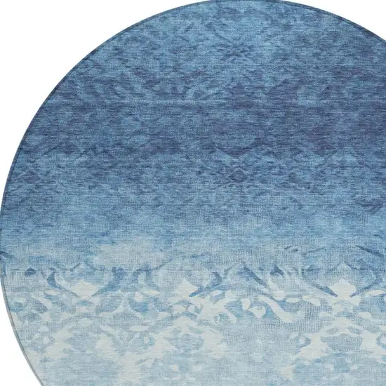8' Denim Blue And Ivory Round Damask Washable Indoor Outdoor Area Rug Photo 8