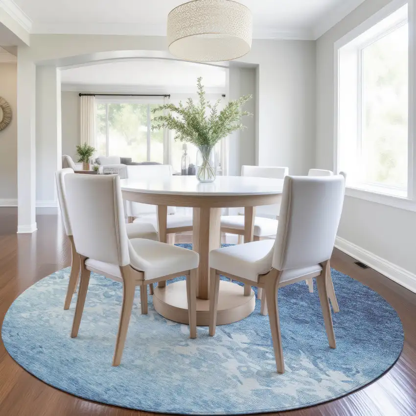 8' Denim Blue And Ivory Round Damask Washable Indoor Outdoor Area Rug Photo 6