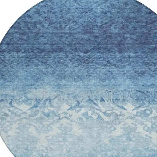 8' Denim Blue And Ivory Round Damask Washable Indoor Outdoor Area Rug Photo 4