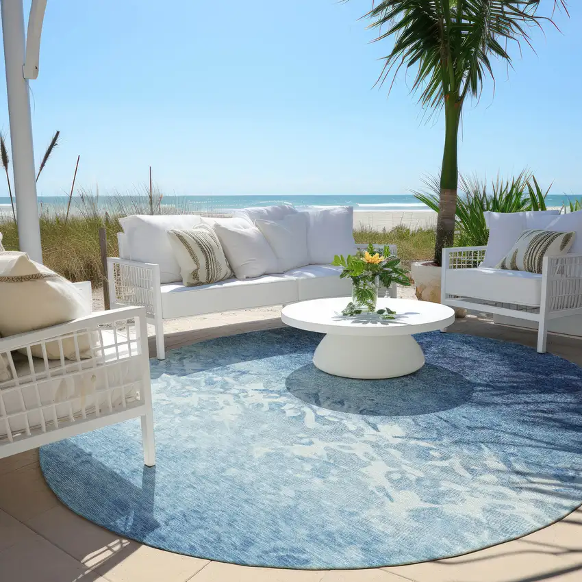 8' Denim Blue And Ivory Round Damask Washable Indoor Outdoor Area Rug Photo 5