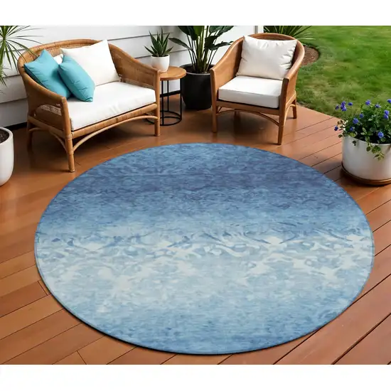 8' Denim Blue And Ivory Round Damask Washable Indoor Outdoor Area Rug Photo 2
