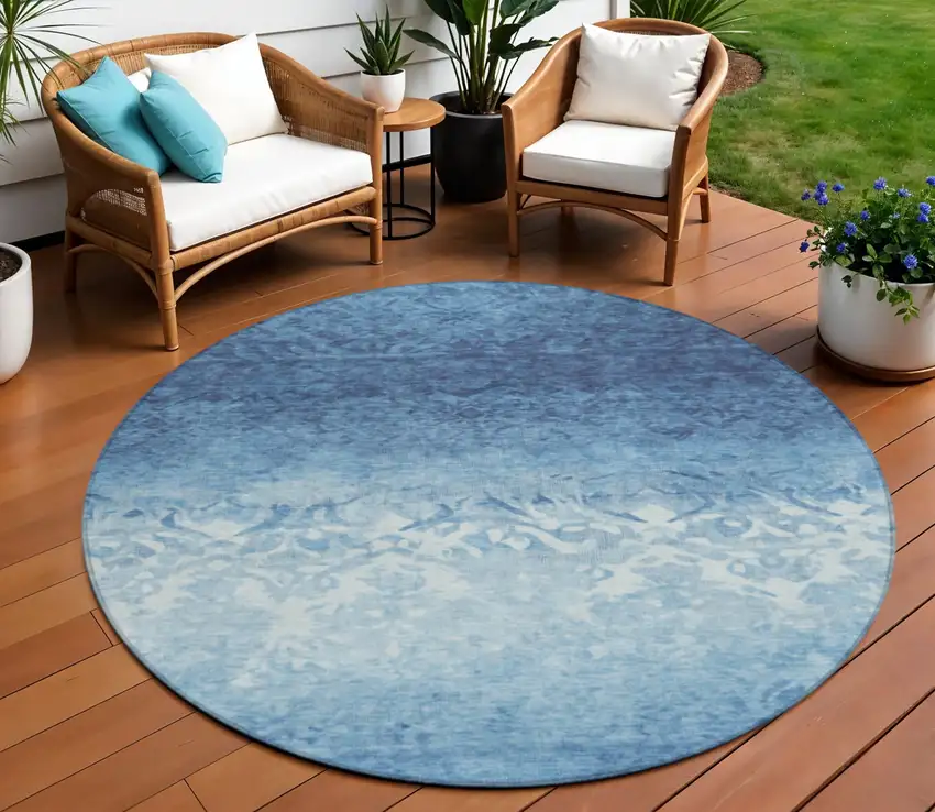 8' Denim Blue And Ivory Round Damask Washable Indoor Outdoor Area Rug Photo 2