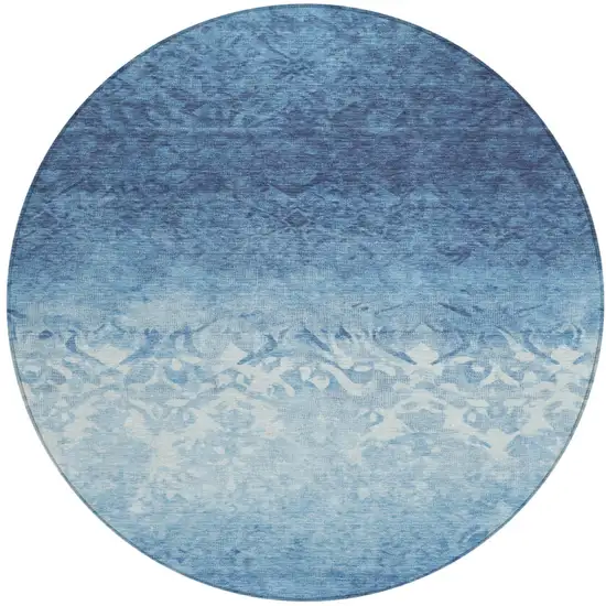 8' Denim Blue And Ivory Round Damask Washable Indoor Outdoor Area Rug Photo 1