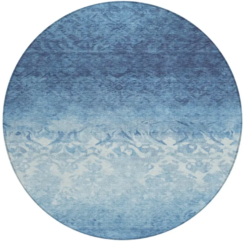 8' Denim Blue And Ivory Round Damask Washable Indoor Outdoor Area Rug Photo 1