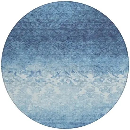 8' Denim Blue And Ivory Round Damask Washable Indoor Outdoor Area Rug Photo 3