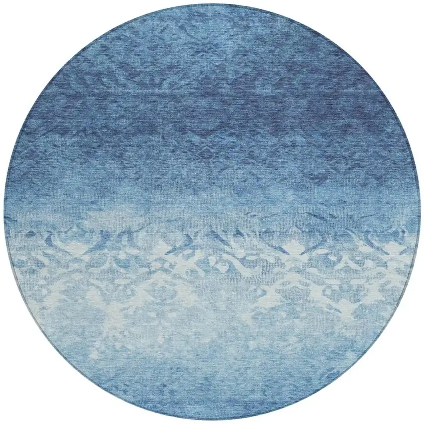 8' Denim Blue And Ivory Round Damask Washable Indoor Outdoor Area Rug Photo 3