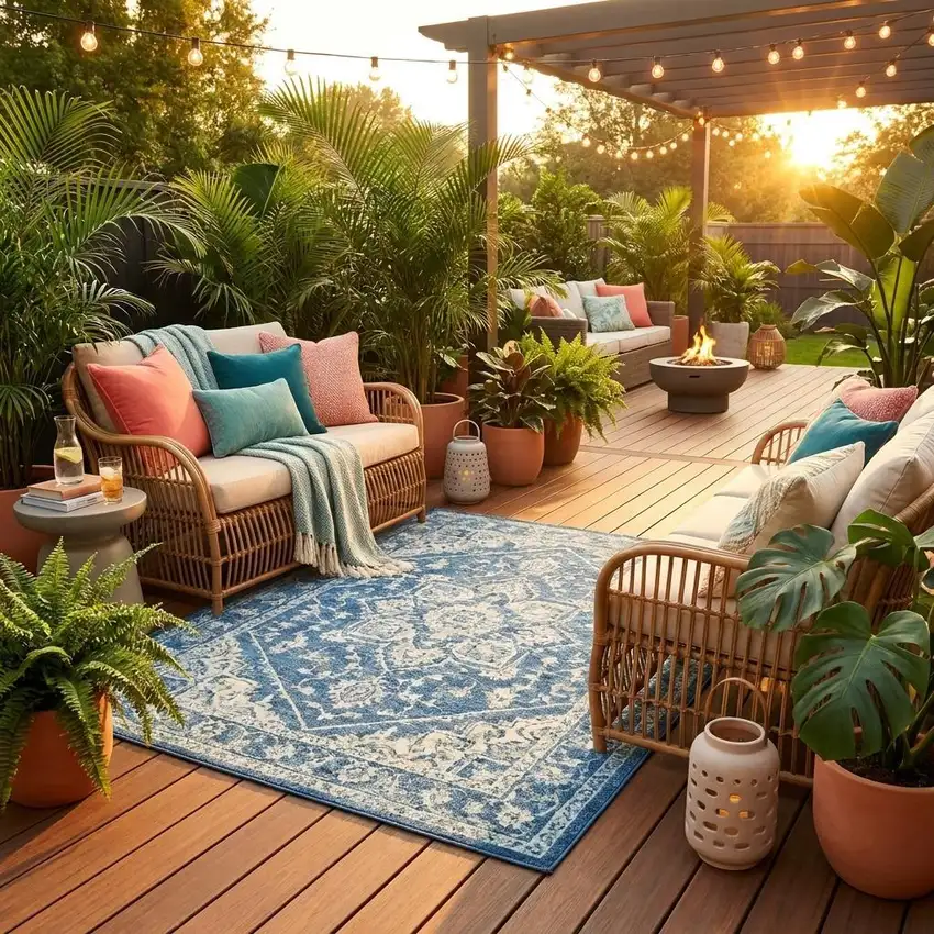 8' Denim Blue And Ivory Round Floral Medallion Washable Indoor Outdoor Area Rug Photo 1