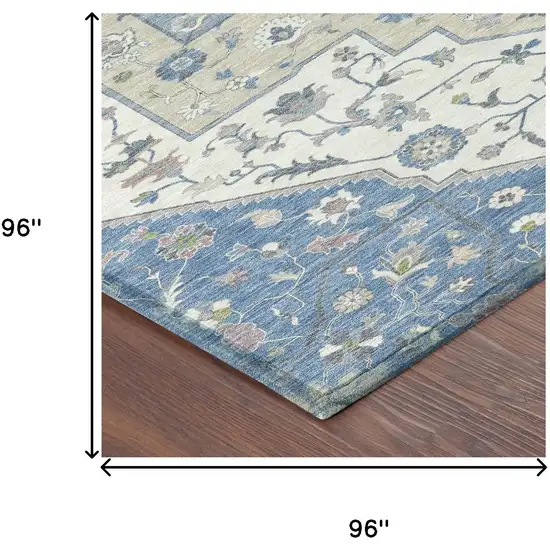 8' Denim Blue And Ivory Round Floral Medallion Washable Indoor Outdoor Area Rug Photo 7