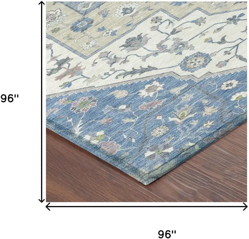 8' Denim Blue And Ivory Round Floral Medallion Washable Indoor Outdoor Area Rug Photo 7