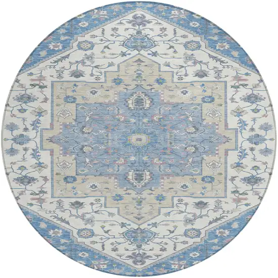 8' Denim Blue And Ivory Round Floral Medallion Washable Indoor Outdoor Area Rug Photo 5