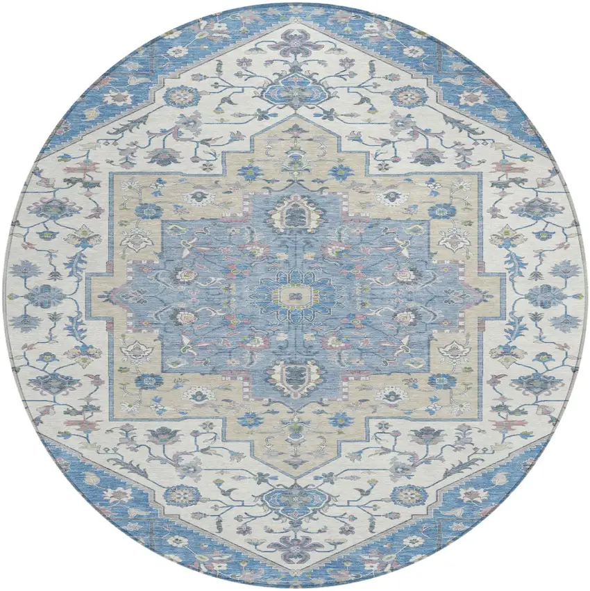 8' Denim Blue And Ivory Round Floral Medallion Washable Indoor Outdoor Area Rug Photo 5