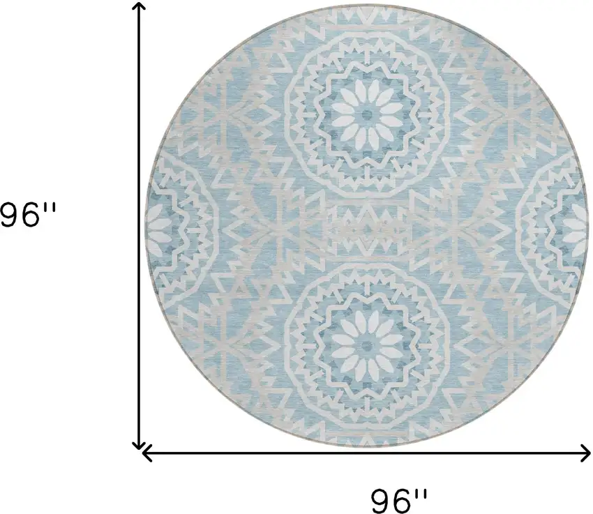 8' Denim Blue And Ivory Round Floral Medallion Washable Indoor Outdoor Area Rug Photo 3