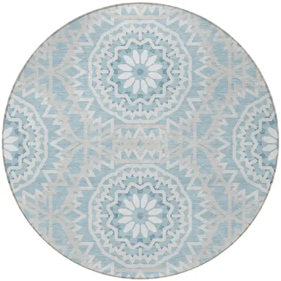 8' Denim Blue And Ivory Round Floral Medallion Washable Indoor Outdoor Area Rug Photo 4