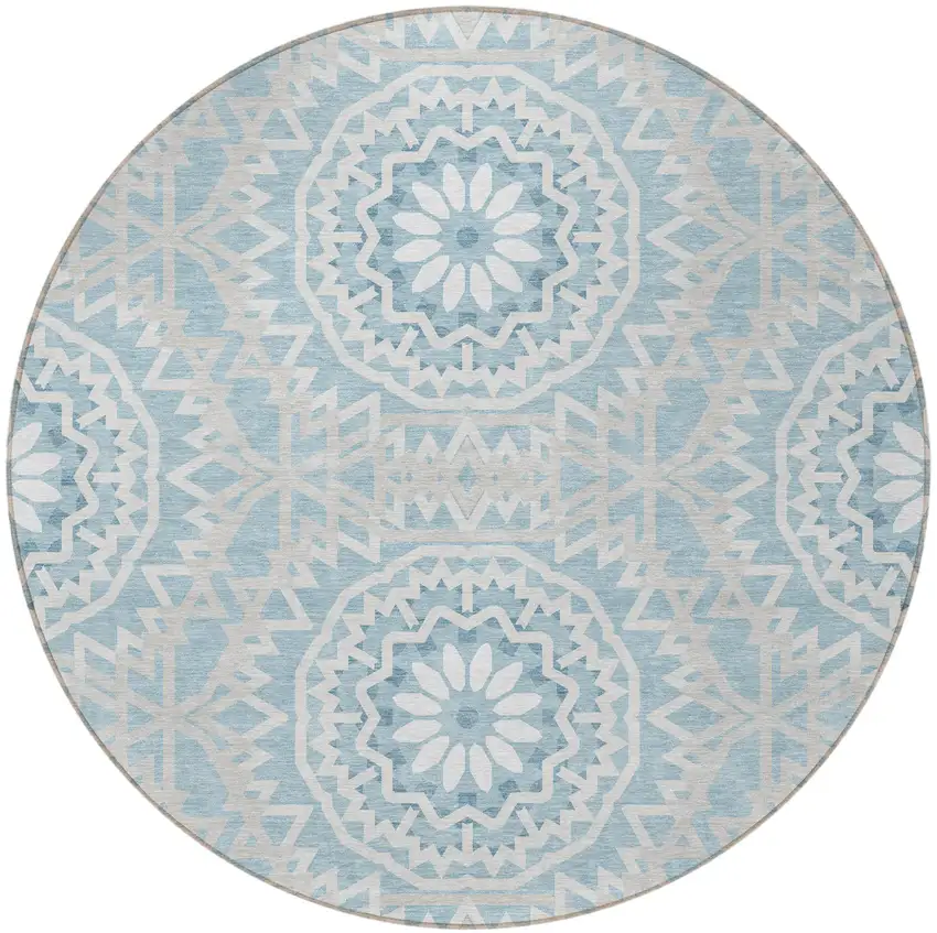 8' Denim Blue And Ivory Round Floral Medallion Washable Indoor Outdoor Area Rug Photo 4