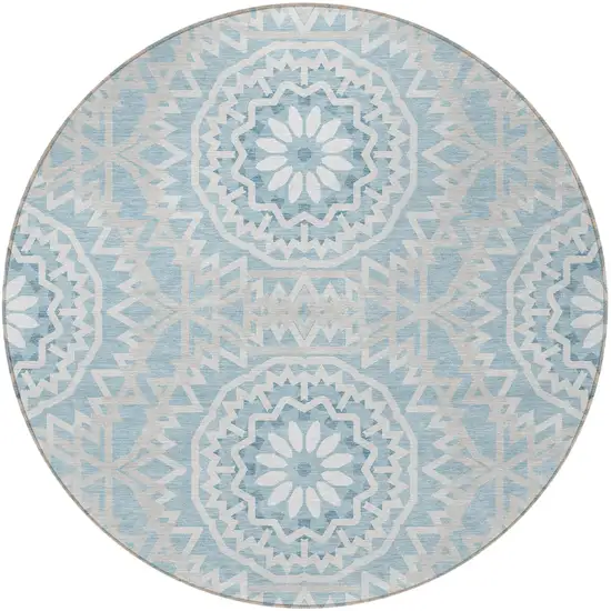 8' Denim Blue And Ivory Round Floral Medallion Washable Indoor Outdoor Area Rug Photo 4