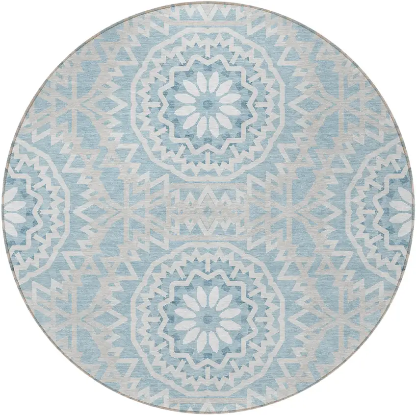 8' Denim Blue And Ivory Round Floral Medallion Washable Indoor Outdoor Area Rug Photo 4