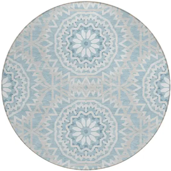 8' Denim Blue And Ivory Round Floral Medallion Washable Indoor Outdoor Area Rug Photo 2