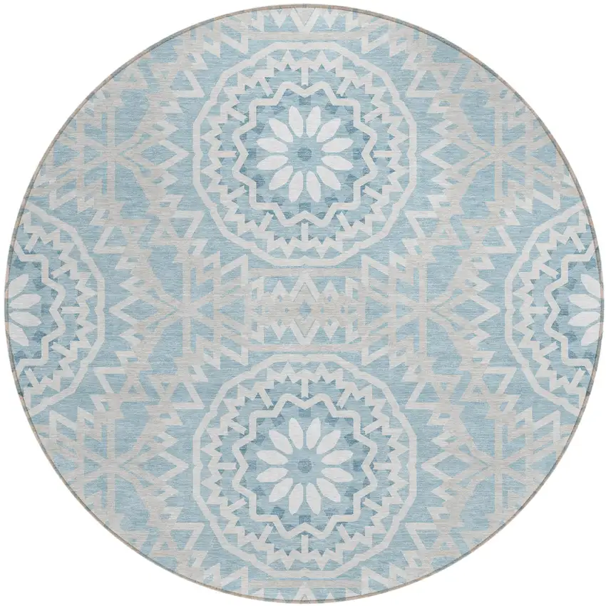 8' Denim Blue And Ivory Round Floral Medallion Washable Indoor Outdoor Area Rug Photo 2