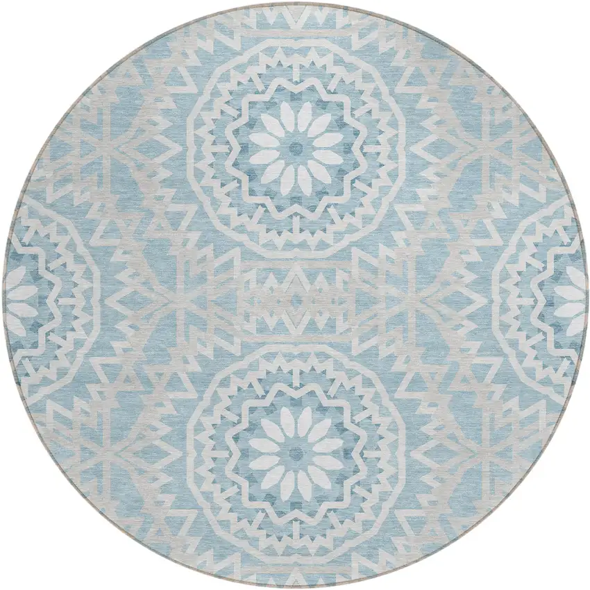 8' Denim Blue And Ivory Round Floral Medallion Washable Indoor Outdoor Area Rug Photo 2