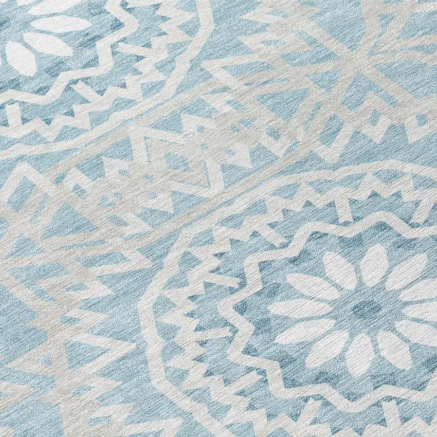 8' Denim Blue And Ivory Round Floral Medallion Washable Indoor Outdoor Area Rug Photo 7