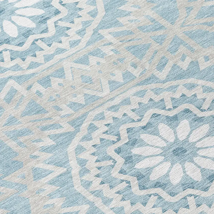 8' Denim Blue And Ivory Round Floral Medallion Washable Indoor Outdoor Area Rug Photo 7
