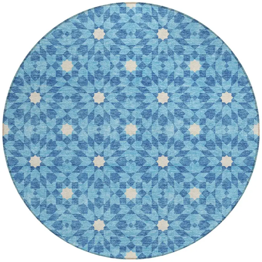 8' Denim Blue And Ivory Round Floral Medallion Washable Indoor Outdoor Area Rug Photo 6