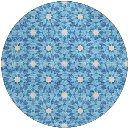 8' Denim Blue And Ivory Round Floral Medallion Washable Indoor Outdoor Area Rug Photo 6