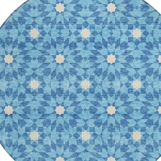 8' Denim Blue And Ivory Round Floral Medallion Washable Indoor Outdoor Area Rug Photo 5
