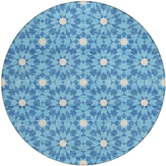 8' Denim Blue And Ivory Round Floral Medallion Washable Indoor Outdoor Area Rug Photo 1