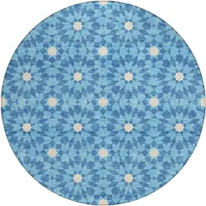 Photo of 8' Denim Blue And Ivory Round Floral Medallion Washable Indoor Outdoor Area Rug