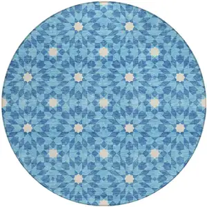 Photo of 8' Denim Blue And Ivory Round Floral Medallion Washable Indoor Outdoor Area Rug