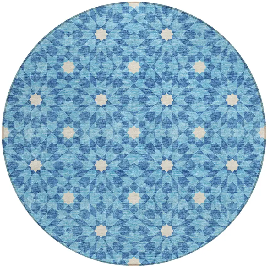 8' Denim Blue And Ivory Round Floral Medallion Washable Indoor Outdoor Area Rug Photo 1