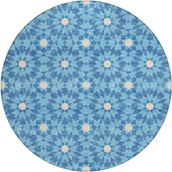 8' Denim Blue And Ivory Round Floral Medallion Washable Indoor Outdoor Area Rug Photo 1