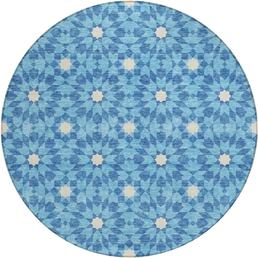 8' Denim Blue And Ivory Round Floral Medallion Washable Indoor Outdoor Area Rug Photo 1