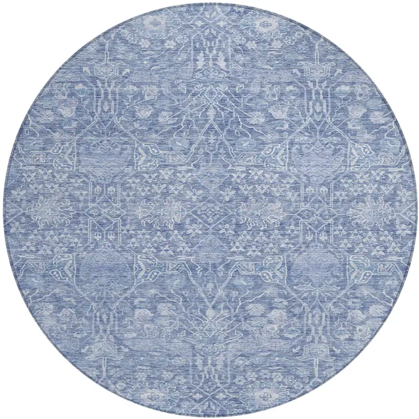 8' Denim Blue And Ivory Round Floral Washable Indoor Outdoor Area Rug Photo 2