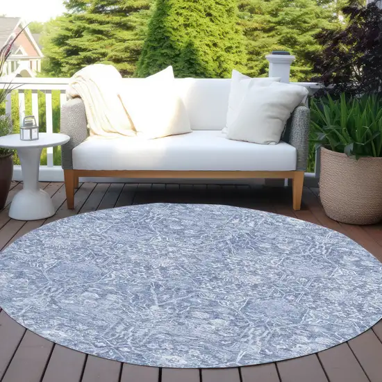 8' Denim Blue And Ivory Round Floral Washable Indoor Outdoor Area Rug Photo 7
