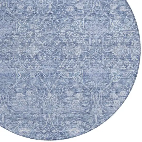 8' Denim Blue And Ivory Round Floral Washable Indoor Outdoor Area Rug Photo 5