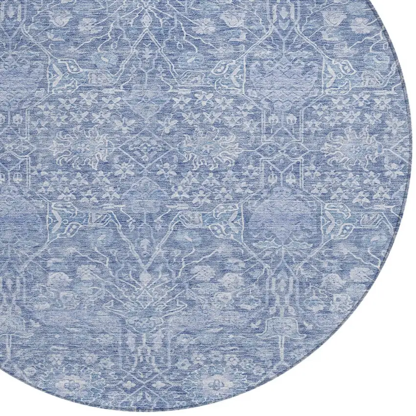 8' Denim Blue And Ivory Round Floral Washable Indoor Outdoor Area Rug Photo 5