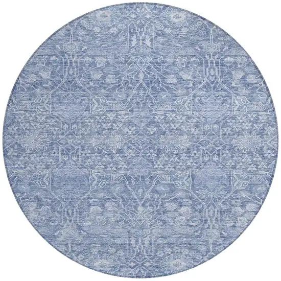 8' Denim Blue And Ivory Round Floral Washable Indoor Outdoor Area Rug Photo 6