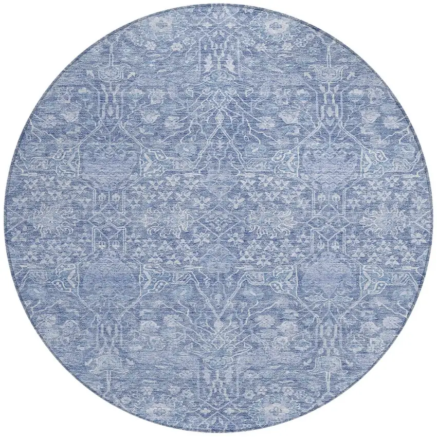 8' Denim Blue And Ivory Round Floral Washable Indoor Outdoor Area Rug Photo 6