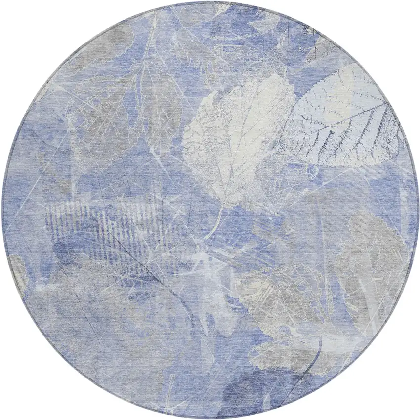 8' Denim Blue And Ivory Round Floral Washable Indoor Outdoor Area Rug Photo 1