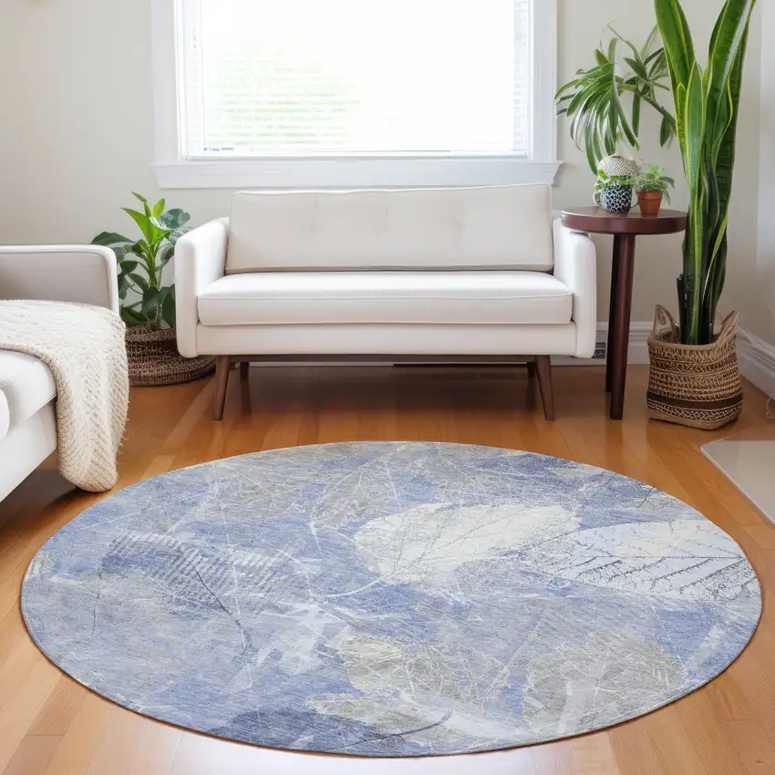 8' Denim Blue And Ivory Round Floral Washable Indoor Outdoor Area Rug Photo 6