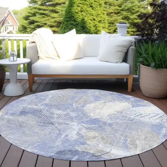8' Denim Blue And Ivory Round Floral Washable Indoor Outdoor Area Rug Photo 5