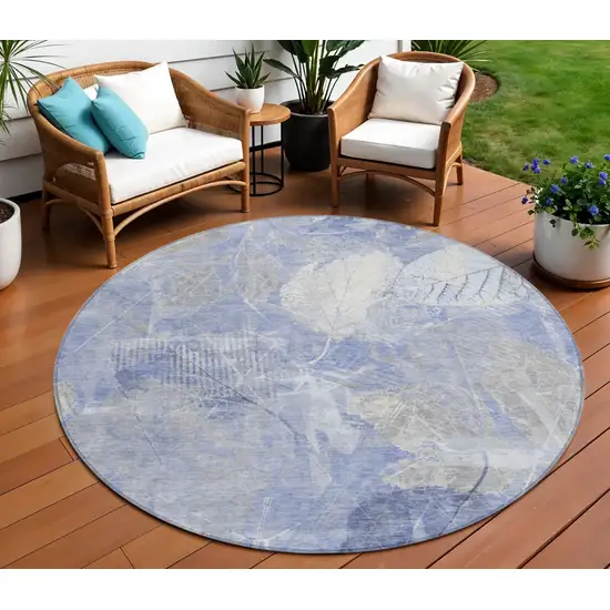 8' Denim Blue And Ivory Round Floral Washable Indoor Outdoor Area Rug Photo 2